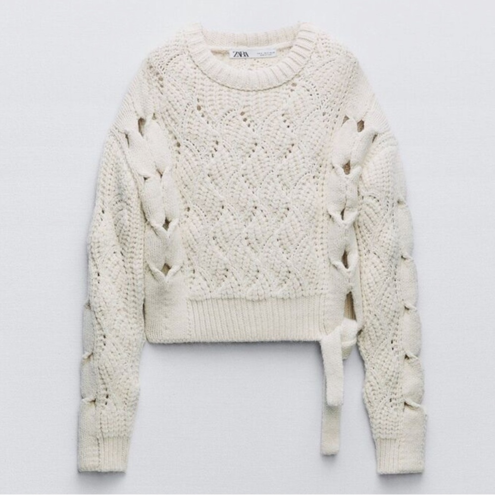 ZARA Cable Knit Tie Sweater Chunky‎ Preppy Cream Ivory Size M Casual Bow Soft - Picture 4 of 13